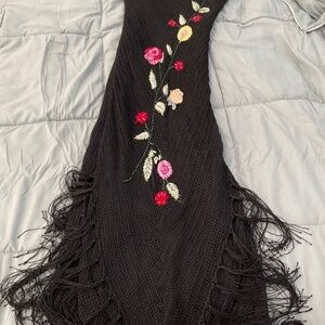 Knitted Lined Maxi Black Dress Embroidered Floral Size Large Fringe Vintage
